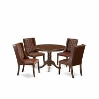 East West Furniture Hlfo5-Mah-46 5-Piece Dinette Room Set Includes 1 Modern Round Dining Table And 4 Brown Linen Fabric Mid Century Dining Chairs With Button Tufted Back - Mahogany Finish