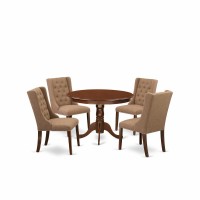 East West Furniture Hlfo5-Mah-47 5-Piece Kitchen Dining Room Set Includes 1 Pedestal Table And 4 Light Sable Linen Fabric Parson Chairs With Button Tufted Back - Mahogany Finish