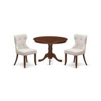 East-West Furniture Hlsi3-Mah-35 - A Dining Set Of Two Great Parson Chairs With Linen Fabric Doeskin Color And A Gorgeous 42-Inch Antique Wooden Dining Table In Mahogany Finish
