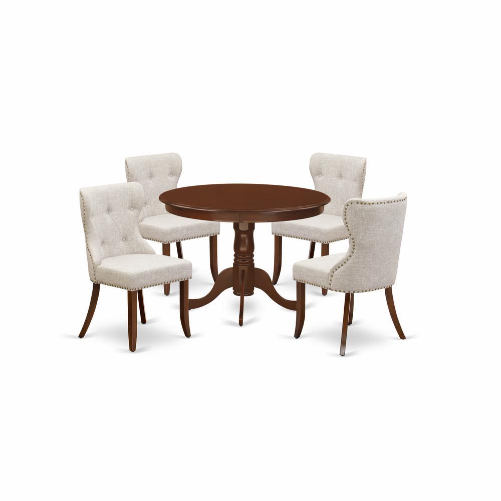 East-West Furniture Hlsi5-Mah-35 - A Dining Room Table Set Of 4 Wonderful Dining Chairs Using Linen Fabric Doeskin Color And An Attractive Dinner Table With Mahogany Finish
