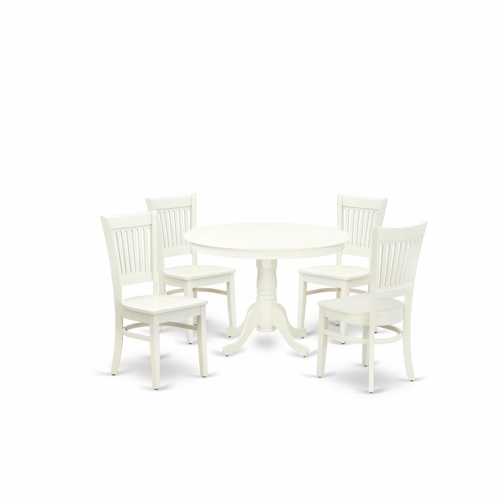 East West Furniture - Hlva5-Lwh-W - 5-Pc Dining Room Table Set- 4 Dining Room Chair And Wooden Dining Table - Wooden Seat And Slatted Chair Back - Linen White Finish