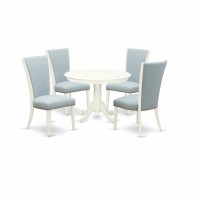 East-West Furniture Hlve5-Lwh-15 - A Dining Table Set Of 4 Fantastic Parson Dining Chairs With Linen Fabric Baby Blue Color And A Stunning Mid-Century Dining Table With Linen White Color