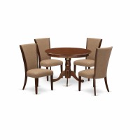 East-West Furniture Hlve5-Mah-47 - A Dining Room Table Set Of 4 Great Dining Chairs Using Linen Fabric Light Sable Color And A Fantastic 42-Inch Round Wooden Table With Mahogany Finish