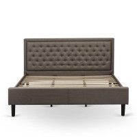 East West Furniture Kdf-18-K Platform King Bed Frame Wood - Brown Linen Fabric Upholestered Bed Headboard With Button Tufted Trim Design - Black Legs