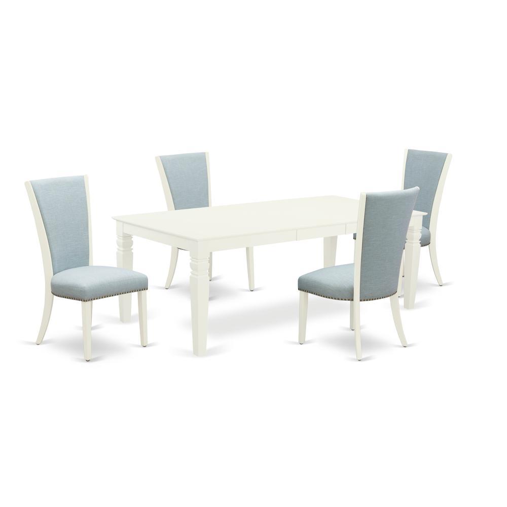 East-West Furniture Lgve5-Lwh-15 - A Dining Room Table Set Of 4 Wonderful Parson Chairs With Linen Fabric Baby Blue Color And A Wonderful 18 Butterfly Leaf Rectangle Dining Table With Linen White Col