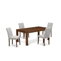 East West Furniture Lmab5-Nn-35 5Pc Dining Set Offers A Dinette Table And 4 Parsons Dining Room Chairs With Doeskin Color Linen Fabric, Medium Size Table With Full Back Chairs, Sand Blasting Antique W