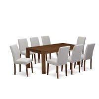 East West Furniture Lmab9-Nn-35 9Pc Dining Room Table Set Contains A Dining Room Table And 8 Parson Chairs With Doeskin Color Linen Fabric, Medium Size Table With Full Back Chairs, Sand Blasting Antiq