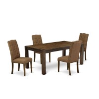 East West Furniture Lmel5-77-18 5-Piece Dining Room Table Set- 4 Upholstered Dining Chairs With Brown Beige Linen Fabric Seat And Button Tufted Chair Back And Rectangular Table Top & Wooden 4 Legs - D