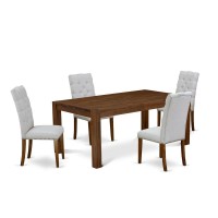 East West Furniture Lmel5-N8-05 5-Pc Modern Dining Set- 4 Upholstered Dining Chairs With Grey Linen Fabric Seat And Button Tufted Chair Back - Rectangular Table Top & Wooden 4 Legs - Antique Walnut Fi