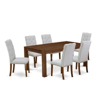 East West Furniture Lmel7-N8-05 7-Piece Kitchen Dining Set- 6 Kitchen Chairs With Grey Linen Fabric Seat And Button Tufted Chair Back - Rectangular Table Top & Wooden 4 Legs - Antique Walnut Finish