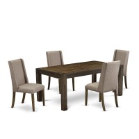 East West Furniture Lmfl5-77-16 5-Piece Dinette Room Set- 4 Parson Dining Chairs With Dark Khaki Linen Fabric Seat And Stylish Chair Back And Rectangular Table Top & Wooden 4 Legs - Distressed Jacobea