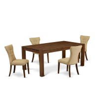 East West Furniture Lmga5-N8-03 5-Pc Dining Table Set- 4 Mid Century Dining Chairs With Brown Linen Fabric Seat And Button Tufted Chair Back And Modern Rectangular Table Top & Wooden 4 Legs - Antique