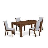 East West Furniture Lmla5-N8-05 5-Piece Dinette Set- 4 Dining Padded Chairs With Grey Linen Fabric Seat And Stylish Chair Back - Rectangular Table Top & Wooden 4 Legs - Antique Walnut Finish