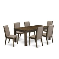 East West Furniture Lmla7-77-16 7-Piece Dinette Set- 6 Dining Padded Chairs With Dark Khaki Linen Fabric Seat And Stylish Chair Back - Rectangular Table Top & Wooden 4 Legs - Distressed Jacobean Finis