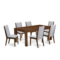 East West Furniture Lmla7-N8-05 7-Pc Dinette Set- 6 Upholstered Dining Chairs With Grey Linen Fabric Seat And Stylish Chair Back - Rectangular Table Top & Wooden 4 Legs - Antique Walnut Finish