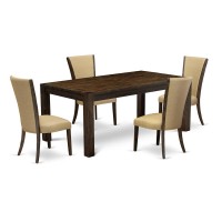 East West Furniture - Lmve5-77-03 - 5-Pc Dining Room Table Set- 4 Parson Dining Chairs And Modern Dining Table - Brown Linen Fabric Seat And Stylish Chair Back - Distressed Jacobean Finish