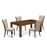East West Furniture - Lmve5-N8-04 - 5-Pc Dining Room Table Set- 4 Upholstered Dining Chairs And Wood Dining Table - Light Tan Linen Fabric Seat And High Chair Back - Antique Walnut Finish