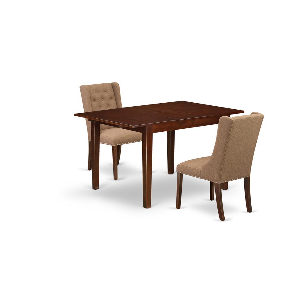 East West Furniture Mlfo3-Mah-47 3Pc Kitchen Dining Set Includes 1 Butterfly Leaf Rectangular Dining Table And 2 Light Sable Linen Fabric Parson Dining Chairs With Button Tufted Back - Mahogany Finish