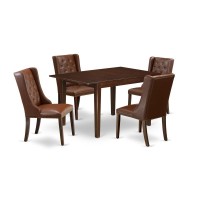East West Furniture Mlfo5-Mah-46 5-Pc Dinette Room Set Includes 1 Butterfly Leaf Rectangular Dining Table And 4 Brown Linen Fabric Padded Parson Chair With Button Tufted Back - Mahogany Finish