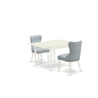 East-West Furniture Mzsi3-Lwh-15 - A Dinette Set Of Two Fantastic Parson Dining Chairs With Linen Fabric Baby Blue Color And A Wonderful Drop Leaf Rectangle Dining Room Table With Linen White Color