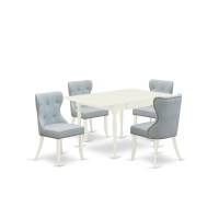 East-West Furniture Mzsi5-Lwh-15 - A Wooden Dining Table Set Of 4 Wonderful Dining Room Chairs With Linen Fabric Baby Blue Color And A Beautiful Drop Leaf Rectangle Kitchen Table With Linen White Colo