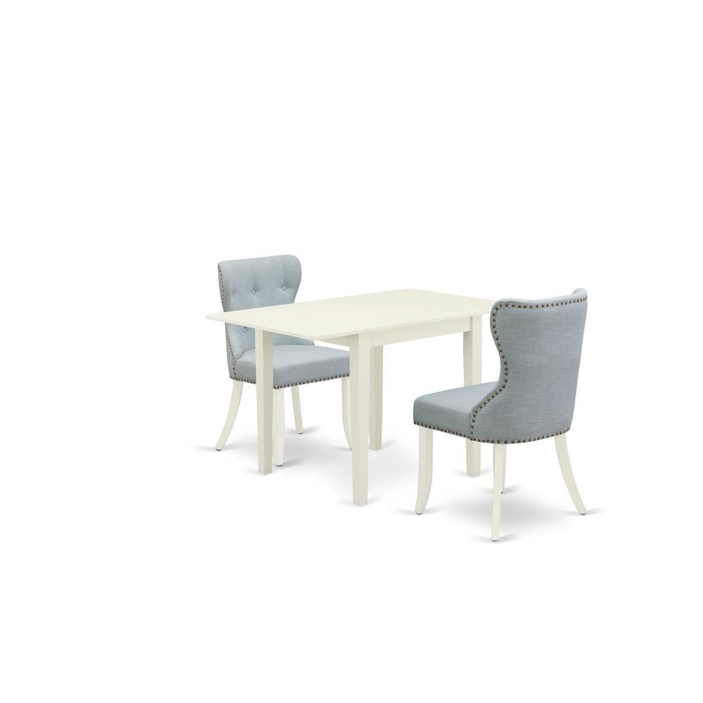 East-West Furniture Ndsi3-Lwh-15 - A Dining Table Set Of Two Great Parson Chairs With Linen Fabric Baby Blue Color And A Gorgeous Drop Leaf Rectangle Dining Table With Linen White Color
