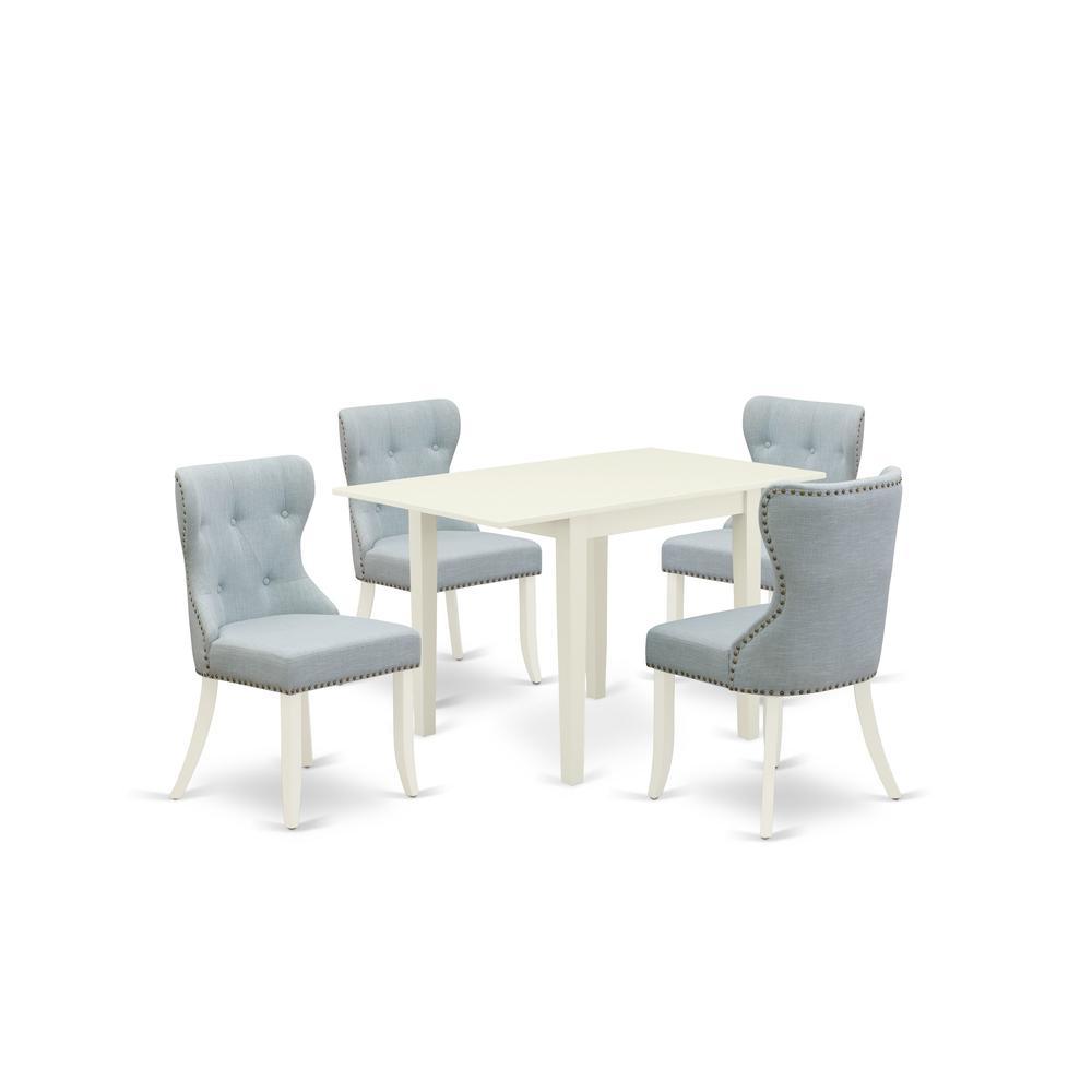 East-West Furniture Ndsi5-Lwh-15 - A Wooden Dining Table Set Of 4 Amazing Dining Chairs With Linen Fabric Baby Blue Color And A Lovely Dining Table With Linen White Color