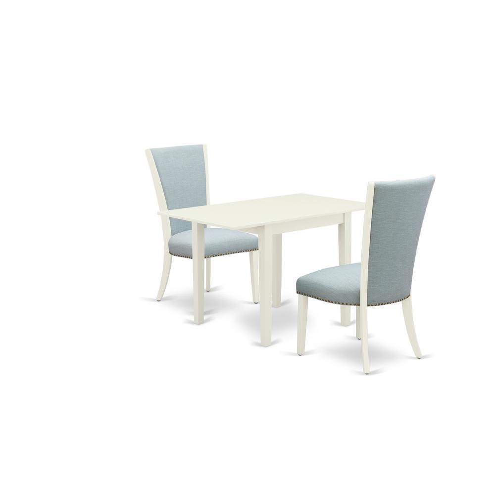 East-West Furniture Ndve3-Lwh-15 - A Dining Table Set Of Two Wonderful Dining Chairs With Linen Fabric Baby Blue Color And An Attractive Drop Leaf Rectangle Kitchen Table With Linen White Color