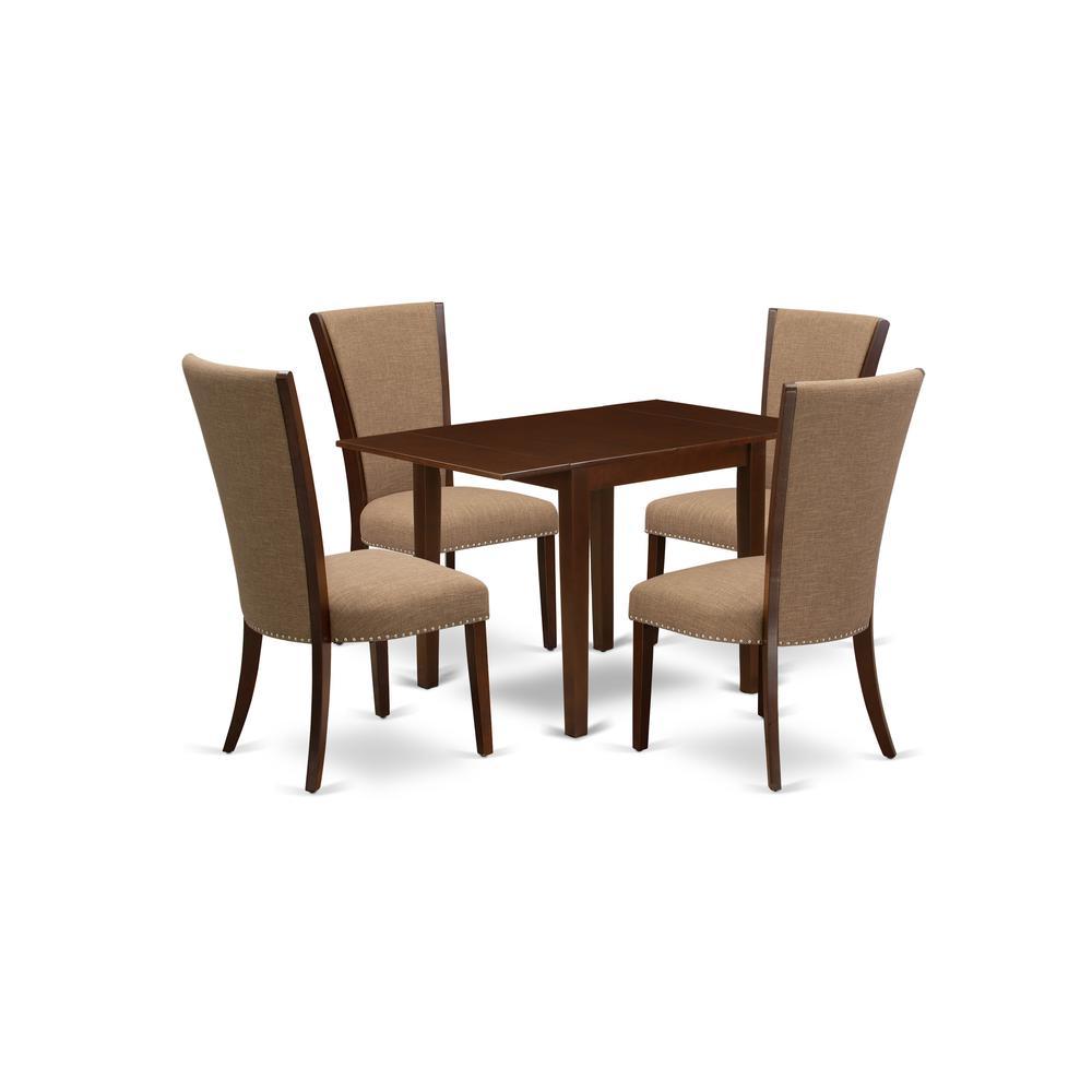 East-West Furniture Ndve5-Mah-47 - A Dining Room Table Set Of 4 Wonderful Dining Room Chairs With Linen Fabric Light Sable Color And A Gorgeous Drop Leaf Rectangle Wooden Table With Mahogany Finish
