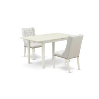 East West Furniture Nffo3-Lwh-44 3-Pc Kitchen Dining Room Set Includes 1 Butterfly Leaf Rectangular Dining Table And 2 Light Grey Linen Fabric Parson Chair With Button Tufted Back - Linen White Finish