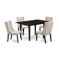 East West Furniture Nffo5-Blk-01 5-Pc Dinette Room Set Includes 1 Butterfly Leaf Dining Room Table And 4 Cream Linen Fabric Dining Chair With Button Tufted Back - Black Finish