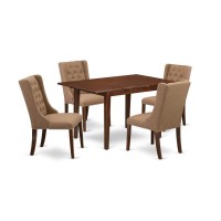 East West Furniture Nffo5-Mah-47 5-Piece Dining Room Table Set Includes 1 Butterfly Leaf Dining Table And 4 Light Sable Linen Fabric Parson Chairs With Button Tufted Back - Mahogany Finish