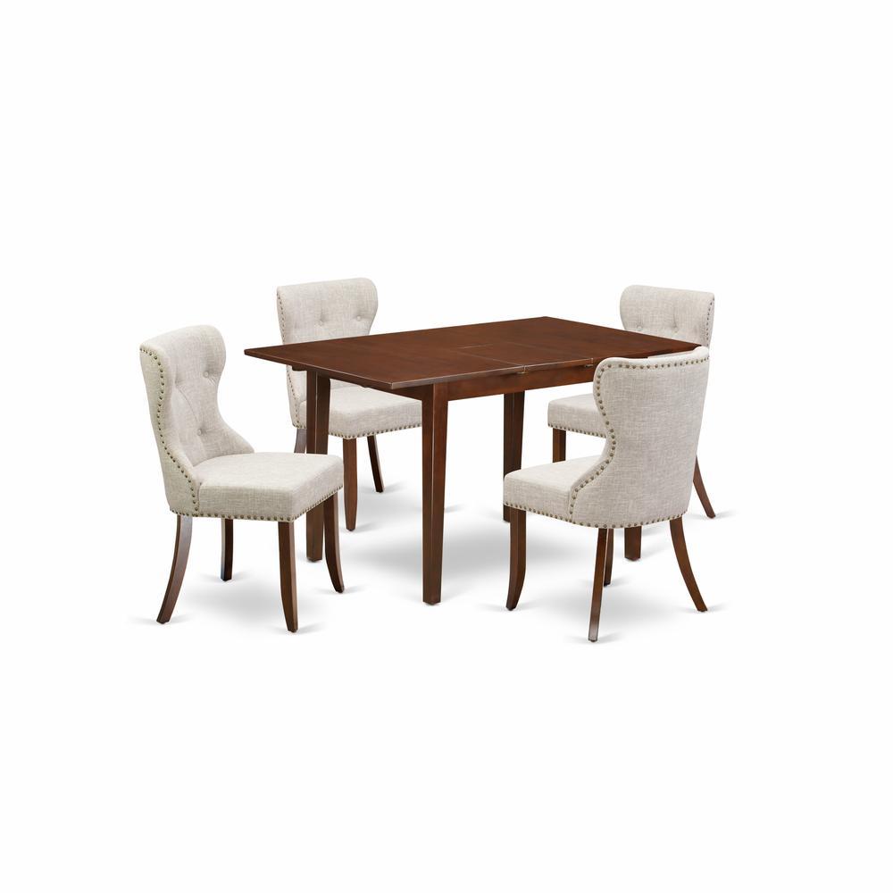 East-West Furniture Nfsi5-Mah-35 - A Dining Table Set Of 4 Fantastic Parson Dining Chairs With Linen Fabric Doeskin Color And An Attractive 12 Butterfly Leaf Rectangle Wooden Dining Table With Mahoga
