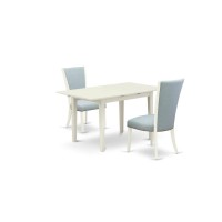 East-West Furniture Nfve3-Lwh-15 - A Dining Table Set Of Two Amazing Kitchen Chairs With Linen Fabric Baby Blue Color And A Gorgeous 12 Butterfly Leaf Rectangle Dining Table With Linen White Color