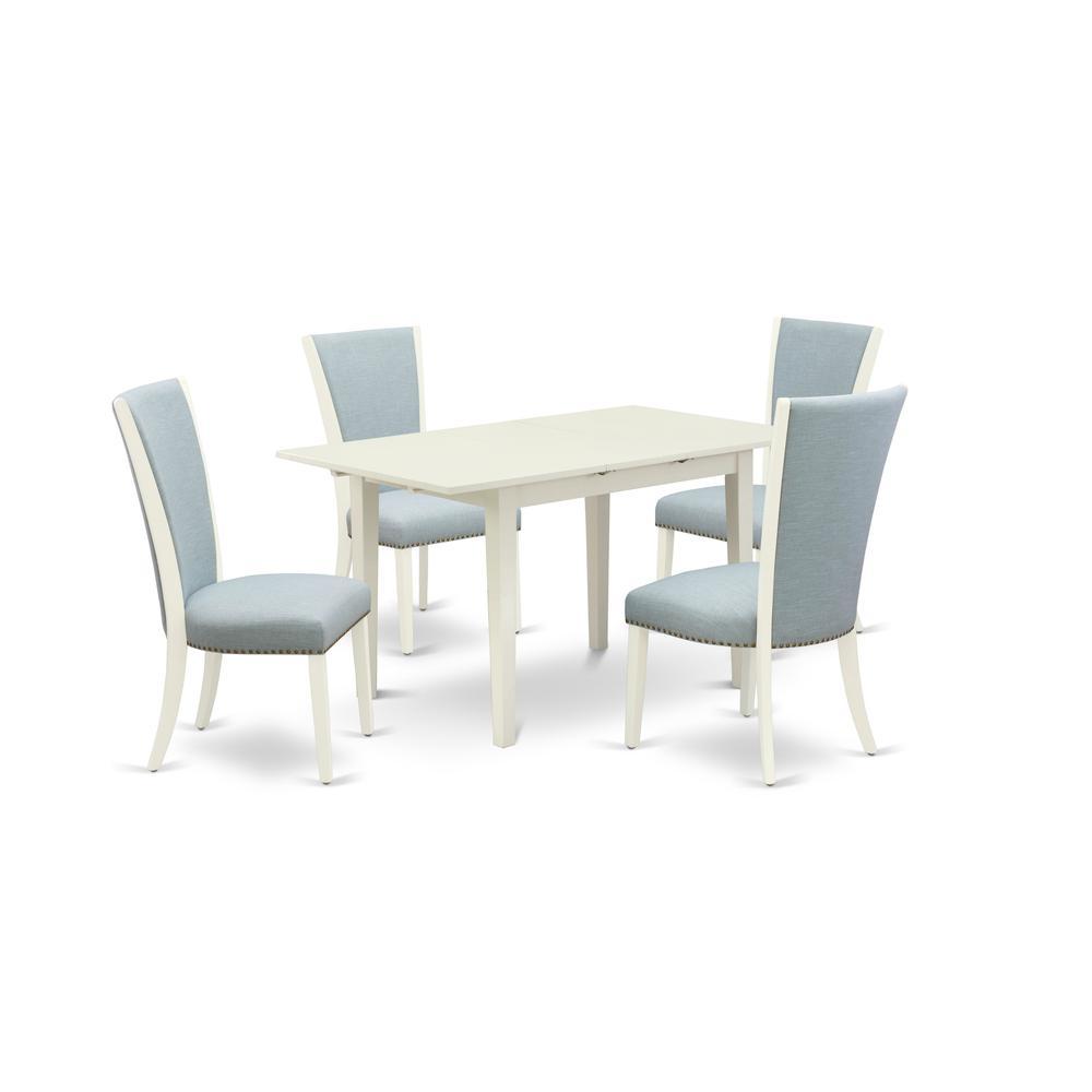 East-West Furniture Nfve5-Lwh-15 - A Wooden Dining Table Set Of 4 Wonderful Dining Room Chairs With Linen Fabric Baby Blue Color And A Wonderful Dinner Table With Linen White Color