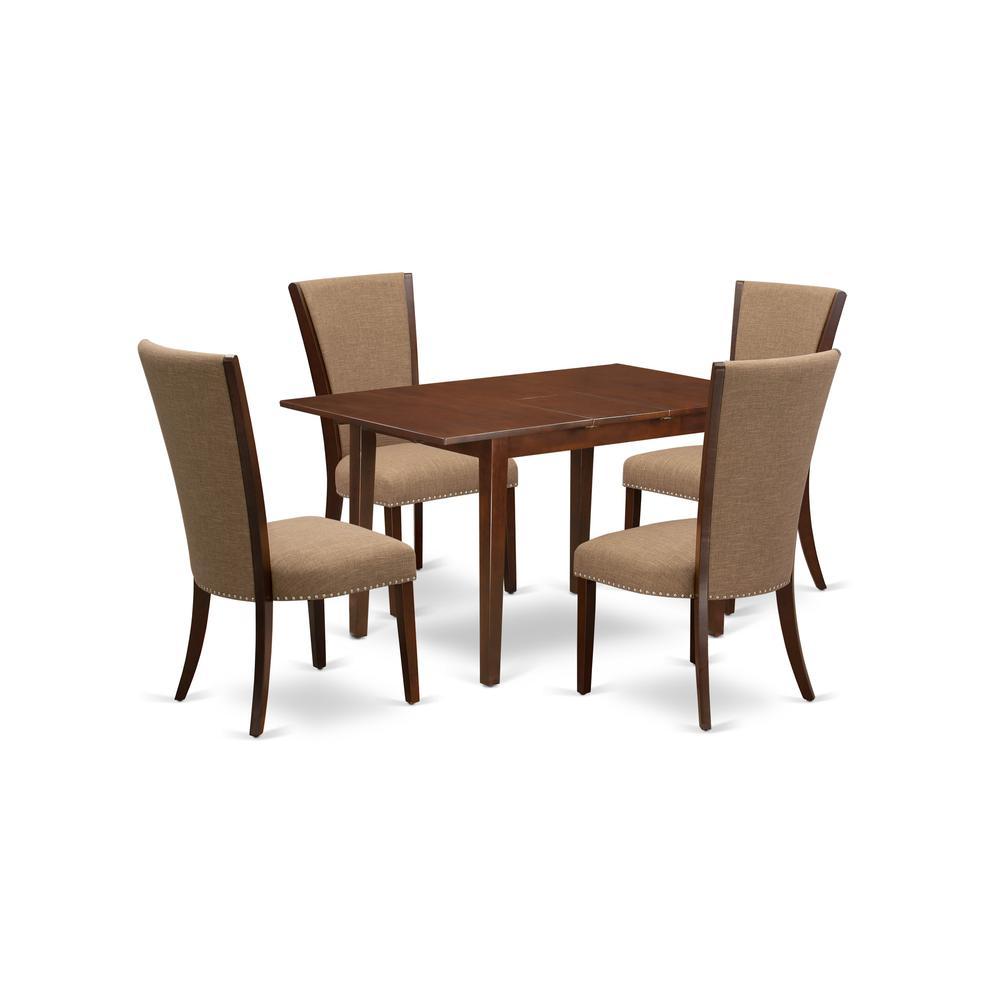 East-West Furniture Nfve5-Mah-47 - A Dining Room Table Set Of 4 Amazing Parson Dining Chairs Using Linen Fabric Light Sable Color And A Gorgeous Wood Kitchen Table In Mahogany Finish