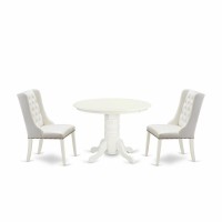 East West Furniture Shfo3-Whi-44 3-Pc Kitchen Room Table Set Includes 1 Pedestal Dining Table And 2 Light Grey Linen Fabric Mid Century Dining Chairs With Button Tufted Back - Linen White Finish