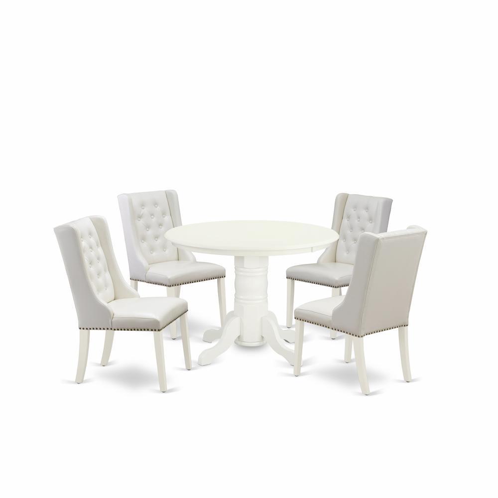 East West Furniture Shfo5-Whi-44 5-Piece Dinette Set Includes 1 Pedestal Wooden Dining Table And 4 Light Grey Linen Fabric Parsons Dining Room Chairs With Button Tufted Back - Linen White Finish