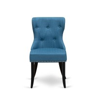 East West Furniture - Set Of 2 - Mid Century Dining Chairs- Dinner Chairs Includes Black Wood Structure With Blue Linen Fabric Seat With Nail Head And Button Tufted Back