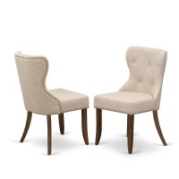 East West Furniture - Set Of 2 - Wood Chairs- Upholstered Dining Chairs Includes Antique Walnut Hardwood Frame With Light Tan Linen Fabric Seat With Nail Head And Button Tufted Back