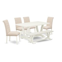 East West Furniture 6-Pc Wooden Dining Table Set-Light Beige Linen Fabric Seat And Button Tufted Chair Back Dining Chairs, A Rectangular Bench And Rectangular Top Mid Century Dining Table With Wood Le