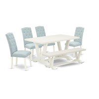 East West Furniture 6-Pc Dining Room Set- 4 Padded Parson Chairs With Baby Blue Linen Fabric Seat And Button Tufted Chair Back - Rectangular Top & Wooden Legs Dining Room Table And Kitchen Bench - Lin
