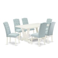 East West Furniture 7-Piece Dining Table Set- 6 Kitchen Chairs With Baby Blue Linen Fabric Seat And Button Tufted Chair Back - Rectangular Table Top & Wooden Legs - Linen White And Linen White Finish