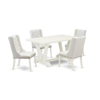 East West Furniture V026Fo244-5 5-Piece Dining Table Set Consists Of 4 White Pu Leather Kitchen Chair Button Tufted With Nailheads And Modern Dining Table - Linen White Finish