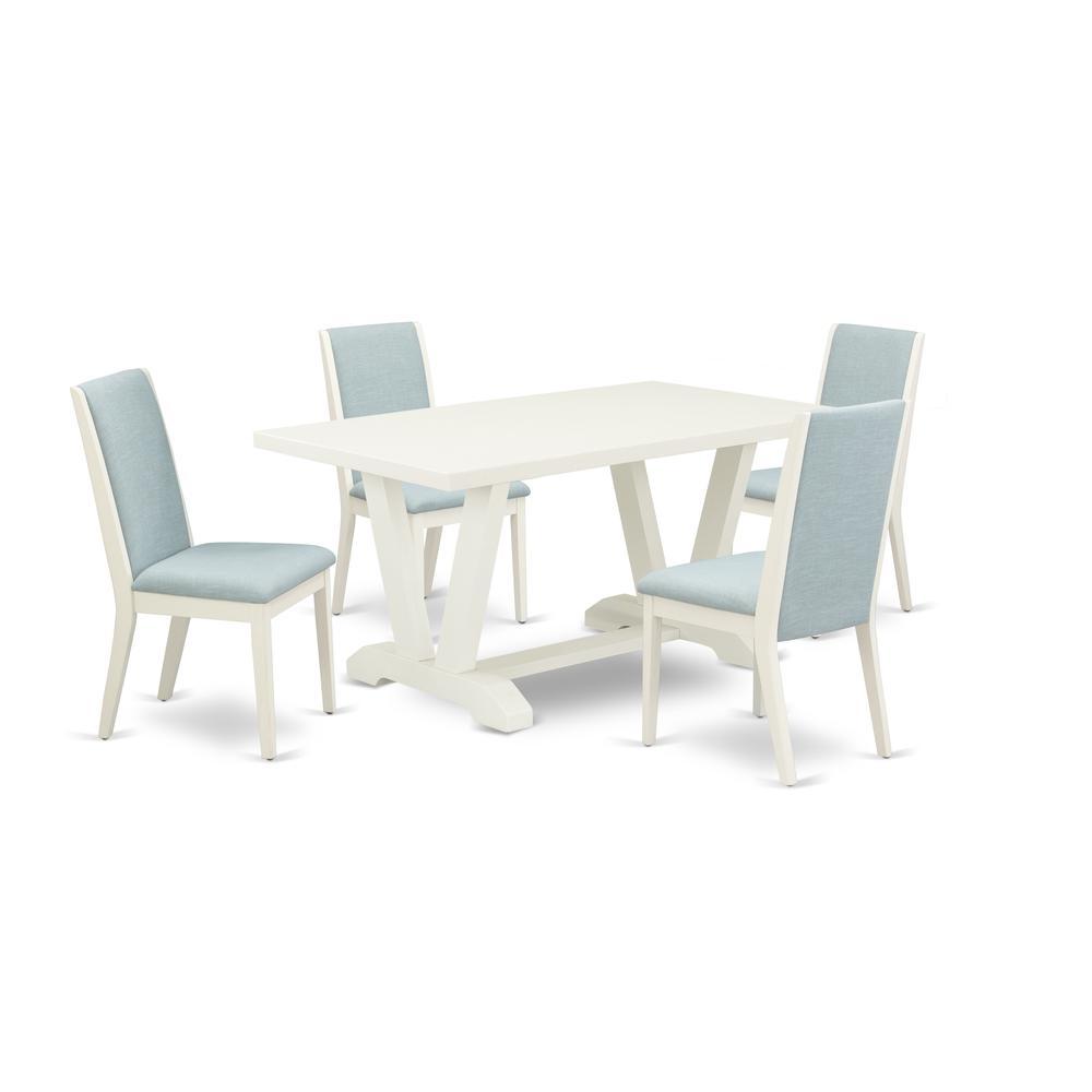 East West Furniture V026La015-5 5Pc Kitchen Table Set Includes A Wood Table And 4 Parson Dining Chairs With Baby Blue Color Linen Fabric, Medium Size Table With Full Back Chairs, Wirebrushed Linen Whi