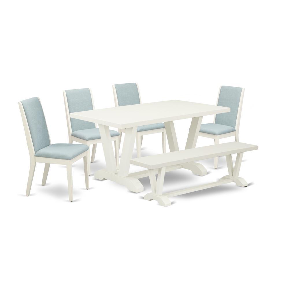 East West Furniture V026La015-6 6Pc Kitchen Set Includes A Wood Dining Table, 4 Parson Chairs With Baby Blue Color Linen Fabric And A Bench, Medium Size Table With Full Back Chairs, Wirebrushed Linen