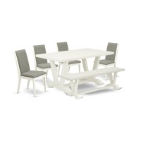 East West Furniture V026La206-6 6-Piece Stylish Modern Dining Table Set An Outstanding Linen White Dining Room Table Top And Linen White Wooden Bench Indoor And 4 Awesome Linen Fabric Padded Chairs Wi