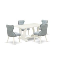 East West Furniture V026Si215-5 5-Piece Dining Room Table Set- 4 Parson Chairs With Baby Blue Linen Fabric Seat And Button Tufted Chair Back - Rectangular Table Top & Wooden Legs - Linen White Finish