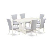 East West Furniture 7-Pc Dining Table Set Consists Of 6 Modern Chairs With Upholstered Seat And Stylish Back-Rectangular Kitchen Dining Table - Linen White And Wirebrushed Linen White Finish