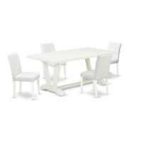 East West Furniture V027Ab264-5 5-Piece Stylish Dining Room Set A Good Linen White Modern Dining Table Top And 4 Attractive Pu Leather Parson Chairs With Stylish Chair Back, Linen White Finish